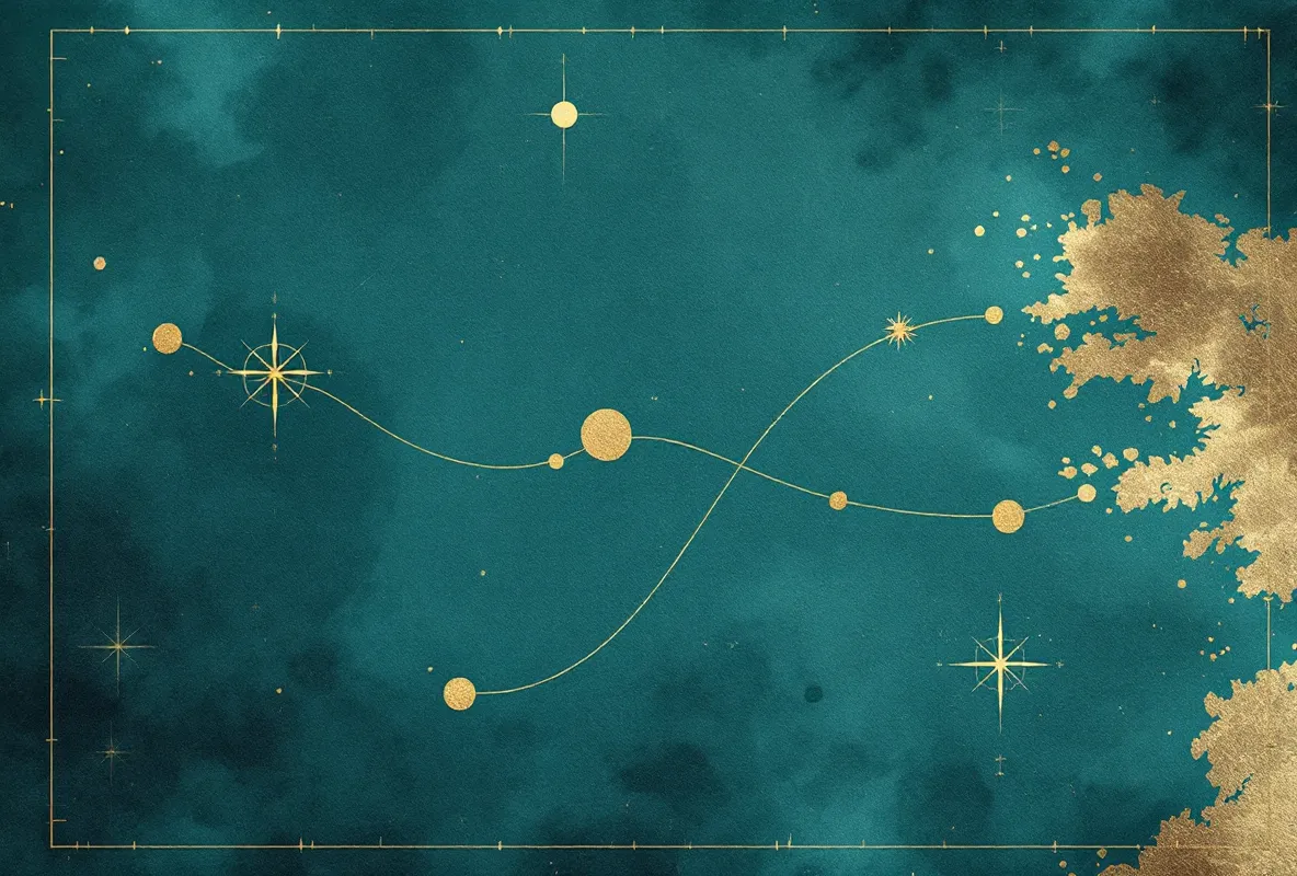 A charted descending path of abstract landmarks — a compass-marked receptor, messenger and kinase nodes, a pulse-burst cluster, and a sage destination node — connected by a brass route-line on a faint teal map