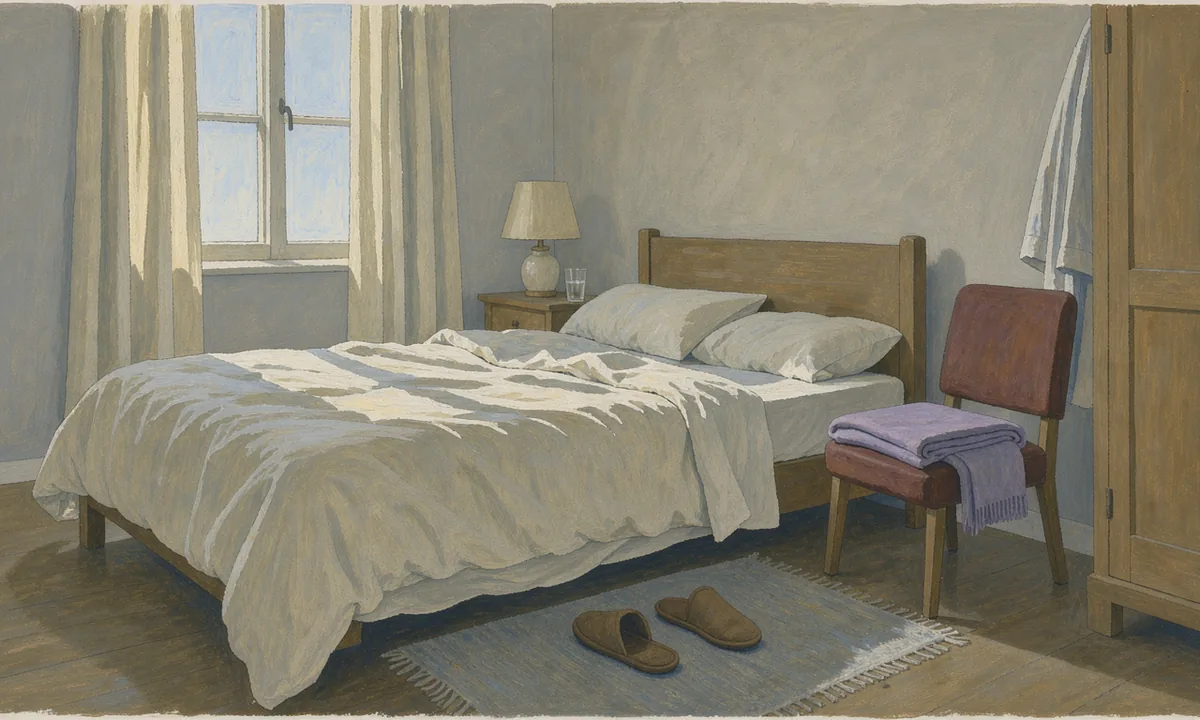 Pale morning light falls across rumpled bedding and an open curtain in an unoccupied bedroom