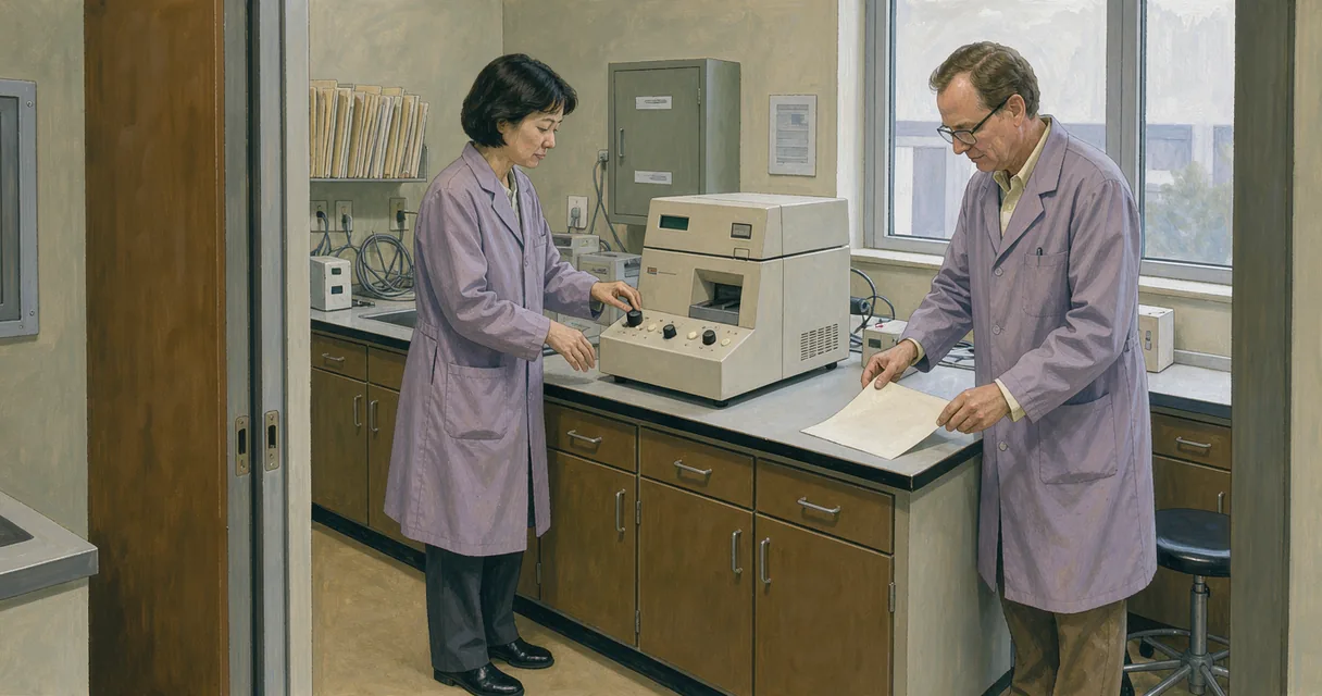Editorial illustration of two laboratory workers beside a beige hormone analyzer in a period testing room