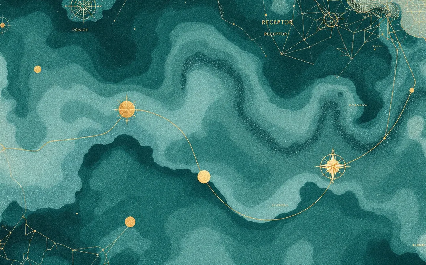 A travel-chart illustration of a brass route-line journeying across a faint teal map from an origin node to a compass-marked receptor landmark to a downstream destination, with small sage waypoint dots